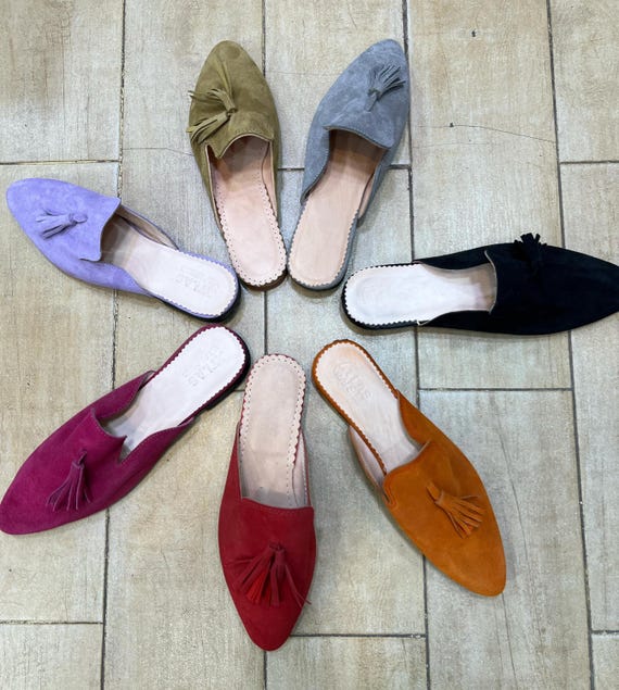 Handmade Moroccan Mules 36-43| Suede Tassel Babouches for Women | Genuine Leather Slip-Ons | Bohemian Artisan Shoes | Moroccan Fashion Flats