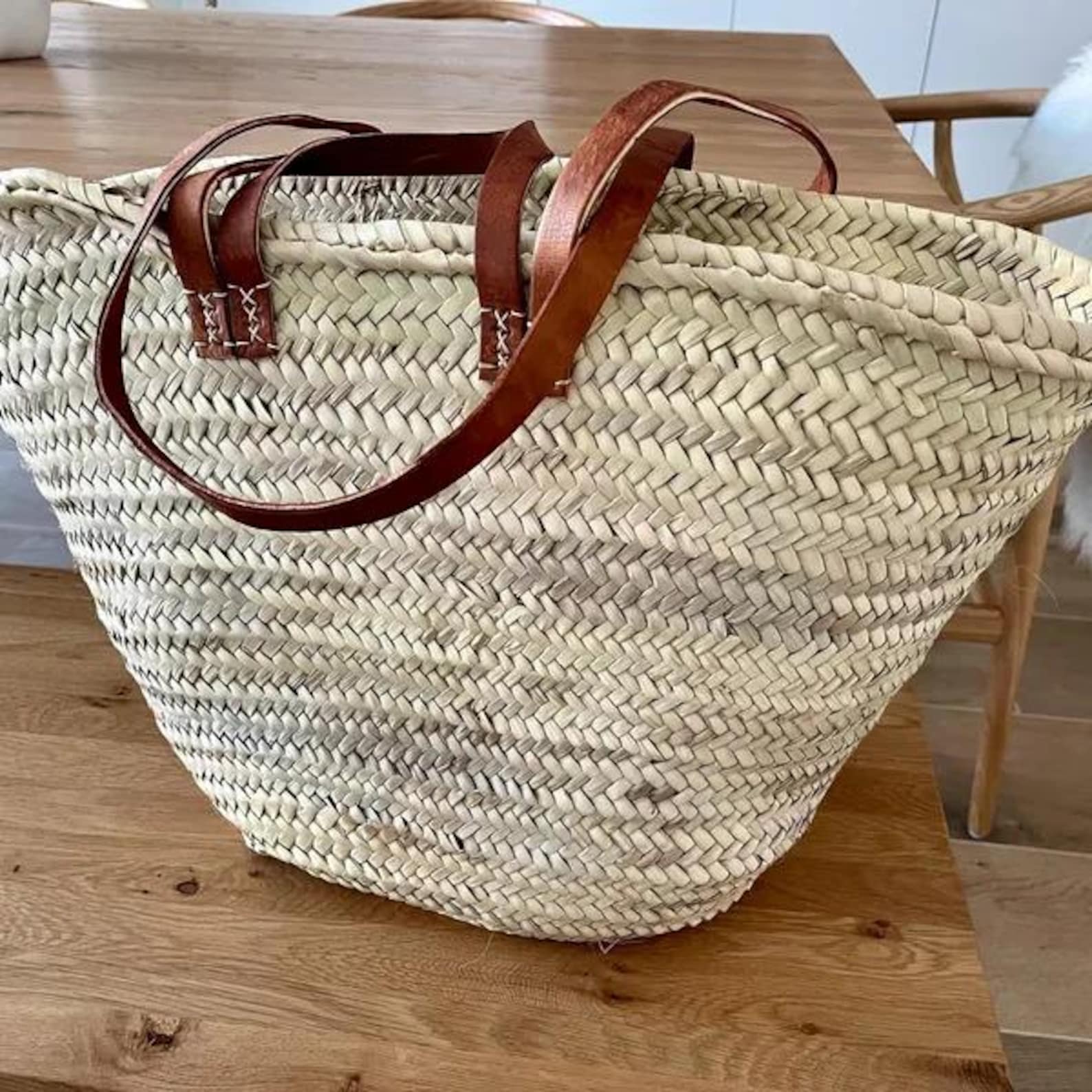 French Market Straw Tote With Leather Handles | Handwoven Moroccan ...