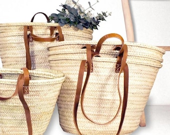 Französischer Markt Strohtasche mit Ledergriffen | Handgewebte marokkanische Korbtasche | Große Strandtasche, Bauernmarkt & Lebensmittelgeschäft Strohtasche