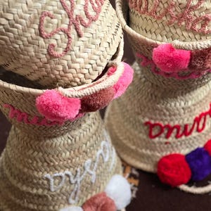Personalized Straw Tote Bag: Embroidered Name, Pom Poms