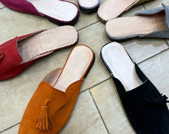 Handmade Moroccan Suede Mules: Tassel Leather Babouche Slippers