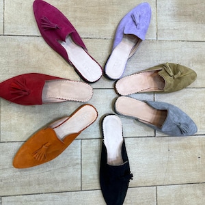 May include: A collection of colorful suede slip-on shoes arranged in a circular pattern. The shoes come in various colors, including red, purple, orange, green, gray, and black. Each shoe features a pointed toe and a tassel detail.
