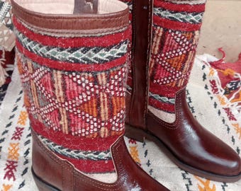 Moroccan Berber Boots Women – Handmade Leather & Vintage Kilim Ankle Boots, Boho Ethnic Winter Shoes, Artisan Tribal Footwear