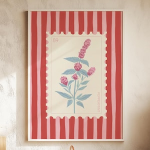 Vintage botanische Stempel mit gestreifter Hintergrundwandkunst, Pfefferminzblume digitaler herunterladbarer Kunstdruck, Küchengalerie-Wandplakat