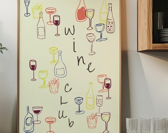 Impresión de arte de pared dibujada a mano de club de vinos retro, impresión de arte descargable digital, póster de carrito de bar, impresión de arte de vino italiano, regalo para amantes del vino