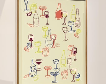 Impresión de arte de pared de club de vinos, póster de arte de vino vintage dibujado a mano, arte de vino retro, impresión moderna de mediados de siglo, impresión de arte de carrito de bar, arte de cocina