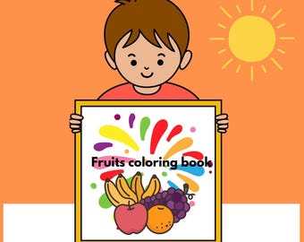 May include: A child holds up a coloring book with a picture of fruit. The book says "Fruits coloring book". The child is wearing a red shirt and has brown hair. There is a yellow sun in the background.