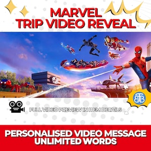 Puede incluir: Una ilustración digital de personajes de Marvel volando por el aire, con una montaña rusa roja y negra en el fondo. El texto "MARVEL TRIP VIDEO REVEAL" está en la parte superior de la imagen. El texto "FULL VIDEO PREVIEW IN ITEM DETAILS" está debajo de la imagen. El texto "PERSONALISED VIDEO MESSAGE UNLIMITED WORDS" está en la parte inferior de la imagen.