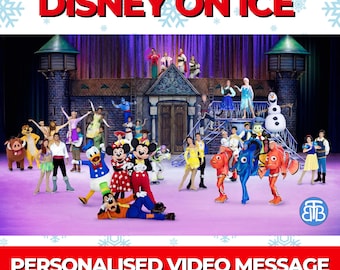 May include: A colourful image featuring Disney characters on ice skates. The characters include Mickey Mouse, Minnie Mouse, Donald Duck, Goofy, and many more. The image includes the text "Disney on Ice" and "Personalized Video Message Unlimited Words".