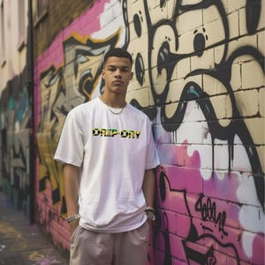 May include: A white t-shirt with the words "DRIP DRY" printed in green, yellow, and black letters. The letters are stylized to resemble the Jamaican flag.