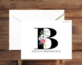 FLAT INITIAL Cards-8q-Thank You Card Flower Monogram Thank You Note Personalized Notecard Personalized Stationary Note Card Stationery