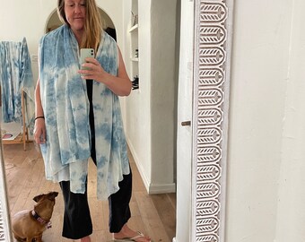 Large Beach Shawl Indigo Wrap Scarf Resort Wear Blue Organic Cotton Ombre Summer Vacation