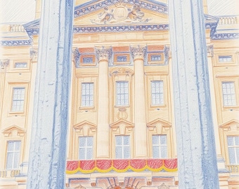 Lámina en tonos pastel del Palacio de Buckingham – Arte del balcón real de 5x7 pulgadas