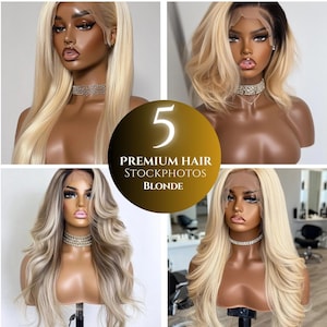 5 luxury mannequin wig ,HD, Blonde wig , raw hair, HD lace wig mannequin website images, AI beauty stock images ,lace front wig