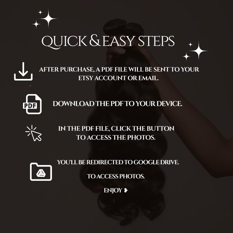 May include: A graphic with white text on a black background outlining the steps to access photos after purchase. The text reads "Quick & Easy Steps" and includes instructions to download a PDF file, click a button to access photos, and be redirected to Google Drive.
