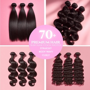 Peut inclure: Un collage de quatre paquets de cheveux noirs de différentes textures, dont lisses, ondulés et bouclés, sur fond rose. Un cercle rose central affiche le texte "70+ PREMIUM HAIR RAW HAIR STOCK PHOTOS STRAIGHT BODY WAVY CURLY".