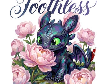 Toothless Dragon PNG, Night Fury with Peonies, Light & Dark Shirt Design (Instant Download)