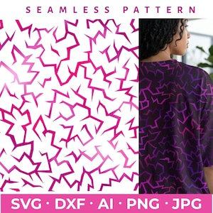 May include: Seamless pattern design featuring a repeating geometric pattern of jagged, magenta lines on a white background. The design is also shown on a black and purple t-shirt. The words "SEAMLESS PATTERN" are at the top. File formats: SVG, DXF, AI, PNG, JPG.