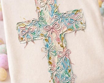Cross PNG, Christian Design, Pastel Religious Graphic, Coquette Bow Cross, Sublimation Print, Faith
