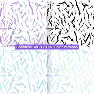 May include: Four seamless patterns featuring a jagged, abstract design in different colours. The patterns include purple, black, blue, and green variations. The text "Seamless SVG + 3 PNG Color Versions" is displayed at the bottom.
