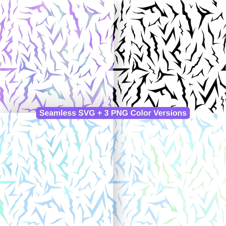 May include: Four seamless patterns featuring a jagged, abstract design in different colours. The patterns include purple, black, blue, and green variations. The text "Seamless SVG + 3 PNG Color Versions" is displayed at the bottom.