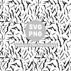 May include: A black and white seamless pattern with jagged, lightning bolt-like shapes. A grey circle in the centre has the text "SVG PNG". The text "Seamless &bull; 3 PNG Color Versions" is below the circle.