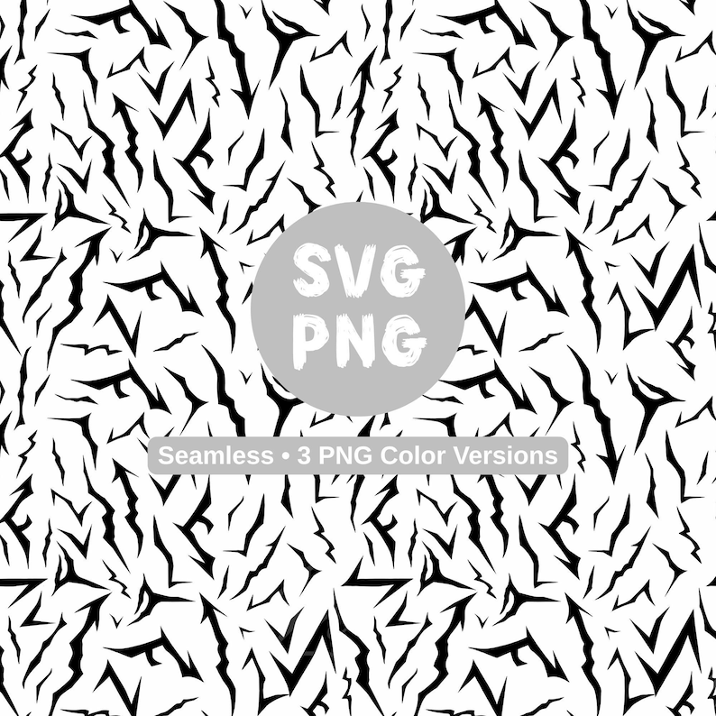 May include: A black and white seamless pattern with jagged, lightning bolt-like shapes. A grey circle in the centre has the text "SVG PNG". The text "Seamless &bull; 3 PNG Color Versions" is below the circle.