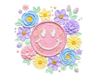 Smiley PNG, Floral Happy Face, Sublimation Design, Shirt Graphic, Sticker PNG, Retro Flower Print