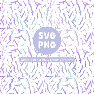 May include: Seamless pattern with a white background and a repeating design of jagged, lightning bolt-like shapes in shades of purple, blue, and green. The image includes a light purple circle with the text "SVG PNG" and the text "Seamless • 3 PNG Color Versions".