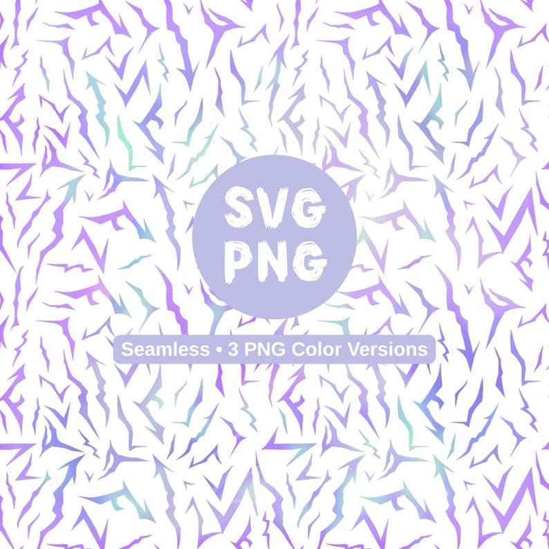 May include: A seamless pattern featuring a white backdrop adorned with a repeating design of jagged, abstract shapes in purple, blue, and green hues. The image includes a light purple circle with the text "SVG PNG" and the text "Seamless &bull; 3 PNG Color Versions".