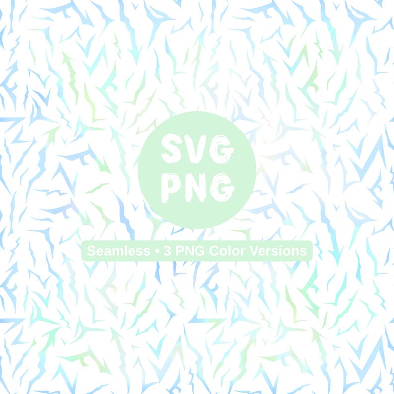 May include: A seamless pattern featuring a white backdrop with a repeating design of abstract, jagged shapes in shades of blue and green. The image includes the text "SVG PNG" inside a light green circle, and the text "Seamless &bull; 3 PNG Color Versions".