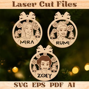 May include: Laser-cut wooden Christmas ornaments featuring portraits of three women named Mira, Rumi, and Zoey. Each ornament has a bow at the top, snowflakes, and Christmas trees. The text "Laser Cut Files" and "SVG EPS PDF AI" are also present.