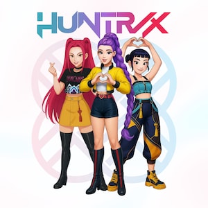 May include: Illustration of three young women in stylish outfits. The image features the text "HUNTRAX" at the top. The women are in various poses, with one making a heart shape with her hands. The color palette includes yellow, black, and blue.