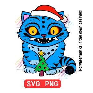Pode incluir: Ilustração de desenho animado de um gato azul usando um chapéu de Papai Noel, segurando uma árvore de Natal. O gato tem olhos amarelos grandes e um sorriso dentuço. O texto "SVG PNG" está incluído.