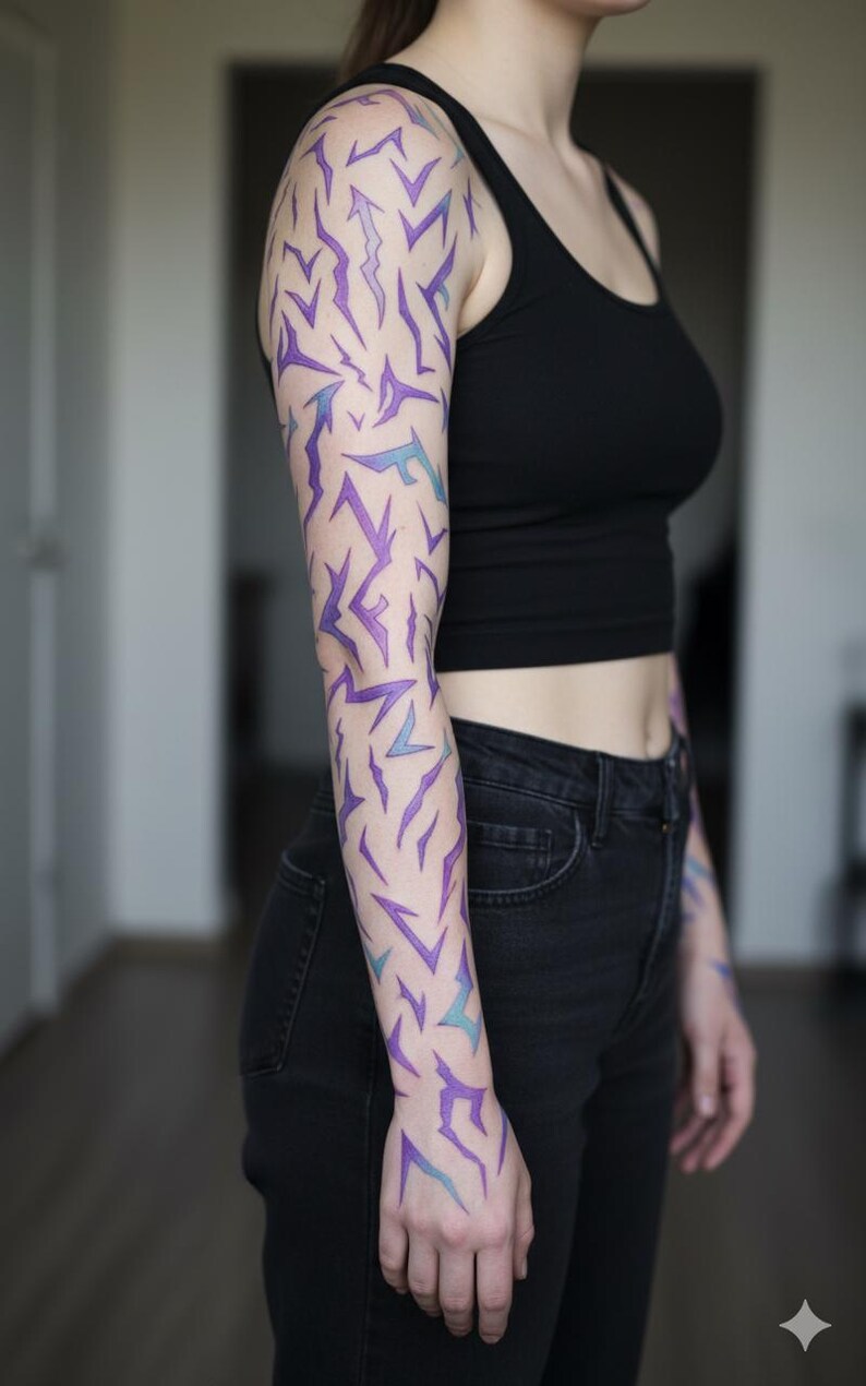 May include: A full arm tattoo with a geometric design in purple and teal. The tattoo features abstract shapes, creating a modern look. The person is wearing a black vest top and black jeans. The tattoo is a striking piece of body art.