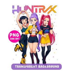 以下が含まれることがあります： カラフルな衣装を着た3人の女性を描いたアニメスタイルのグラフィック。女性はクロップトップ、ショートパンツ、スカートを着用しています。「HUNTRAX」の文字が上部にあり、左側に「PNG 300 DPI」と書かれたピンク色の円があり、下部に「TRANSPARENT BACKGROUND」と書かれた紫色のバナーがあります。