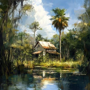 Everglades Stilt House - Bayou Swamp - Watercolor Digital Art Print - Serene Nature Landscape Illustration for Home and Wildlife Decor