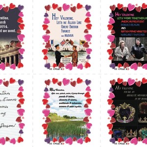 May include: A collection of Valentine's Day cards with various designs. Each card features a heart-shaped border in red, pink, and purple. The cards contain text and images, including historical references and romantic themes. The cards are from CC Cycle.
