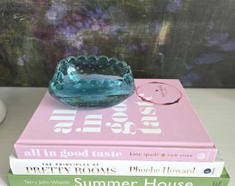 Vintage MCM Murano Bullicante Art Glass Dish |Turquoise Blue Hand-Blown Italian Glass Bowl