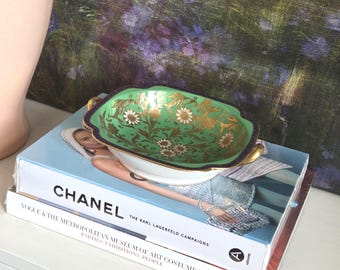 Vintage Noritake Hand-Painted Porcelain Serving Bowl | Green & Gold Floral Dish