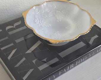 Vintage Anchor Hocking | Embossed Grape & Leaf Pattern | Gold Rim | Scalloped Milk Glass Dish