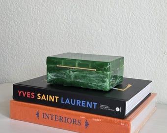 Faux Malachite Decorative Box with Black Velvet Interior and Gold Trim