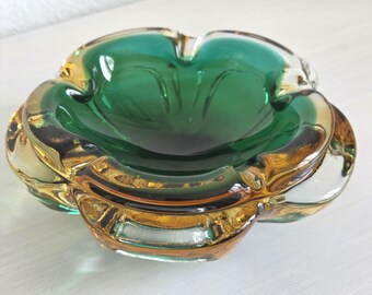 Vintage Polychrome Murano Art Glass Hand-Blown Flower Bowl | Green, Amber & Clear Glass Centerpiece