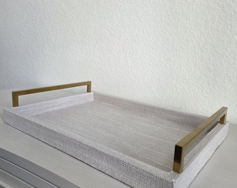 Rectangular Linen Decorative Tray with Gold Handles
