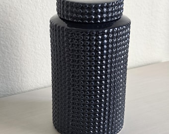 Glazed Ceramic Dark Blue Decorative Dimpled Textured Lidded Vase