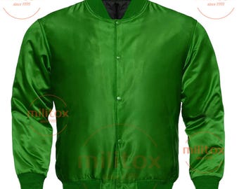 Green Satin Bomber Jacket - Vintage Letterman Varsity Style