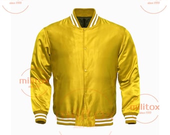Yellow Satin Bomber Jacket - Vintage Varsity Letterman Style