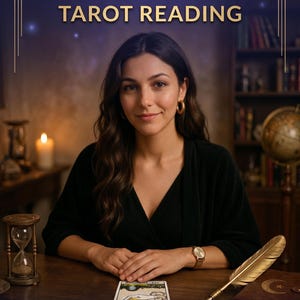 Puede incluir: Imagen de una mujer con cabello castaño largo, vestida con un top negro y aretes dorados. El texto "CAREER PATH TAROT READING" está en la parte superior. Una carta del tarot está sobre la mesa. El texto "INTUITIVE CLARITY FOR YOUR PATH" está en la parte inferior.
