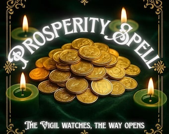 May include: An image featuring a pile of gold coins, surrounded by four lit green candles. The words "PROSPERITY SPELL" are arched above the coins, with the text "THE VIGIL WATCHES, THE WAY OPENS" below. The background is dark green.