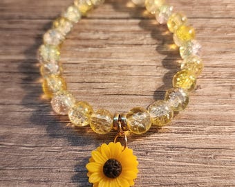 Sunflower Charm Bracelet: Yellow Glass Beads, Handmade Boho Jewelry